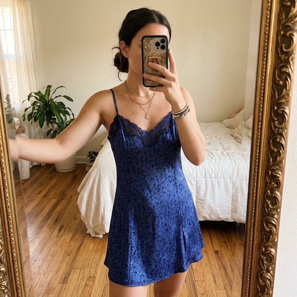 Victorias Secret Blue Floral Satin Lace Trim Slip Dress Small